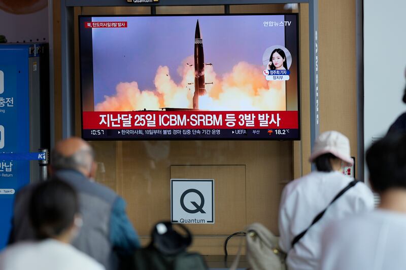North Korea test-fired a salvo of short-range ballistic missiles toward the sea on Sunday. Photograph: Lee Jin-man/AP