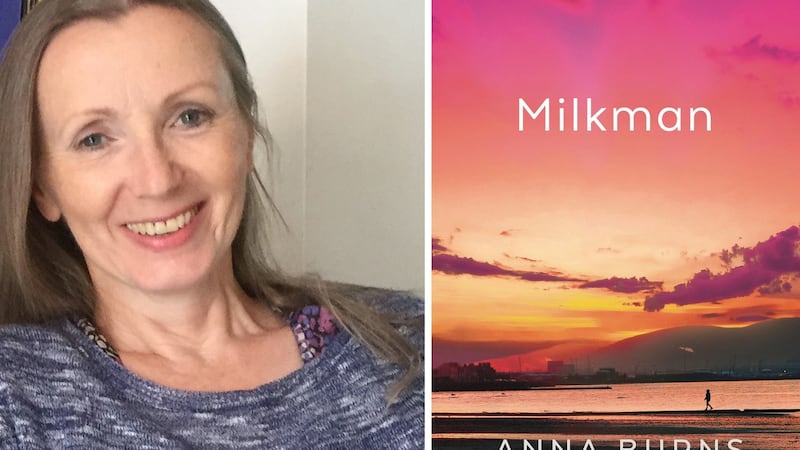 Anna Burns with the cover of her novel Milkman, which has been shortlisted for the 2018 Man Booker Prize.