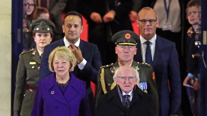 President Michael D Higgins, accompanied by his wife Sabina, Taoiseach Leo Varadkar and Tánaiste Simon Coveney and members of the Defence Forces at Dublin Castle after being inaugurated as president for a second term. Photograph: Niall Carson/PA Wire