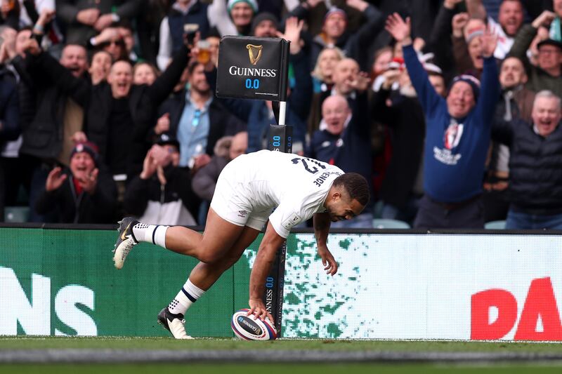 Ollie Lawrence's try for England against Ireland deprived Andy Farrell's team of early momentum at Twickenham. Photograph: Julian Finney/Getty Images
