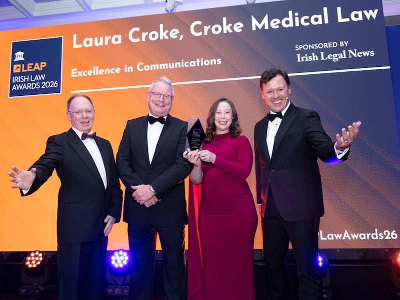 Richard Hammond, solicitor and partner at Hammond Good and chair of the judging panel of the Leap Irish Law Awards; Mike Hartley, CRO at Hero Media and Entertainment; Laura Croke, founder of Croke Medical Law; and Anton Savage, MC of the night. Photograph: Paul Sherwood