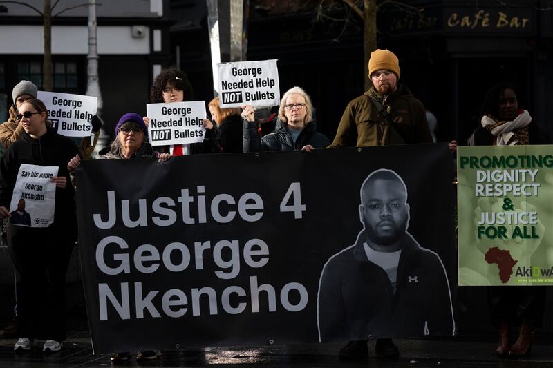 A rally of support outside Store Street Garda station before the jury delivered their verdict in George Nkencho's inquest. Photo: Collins Courts/CC