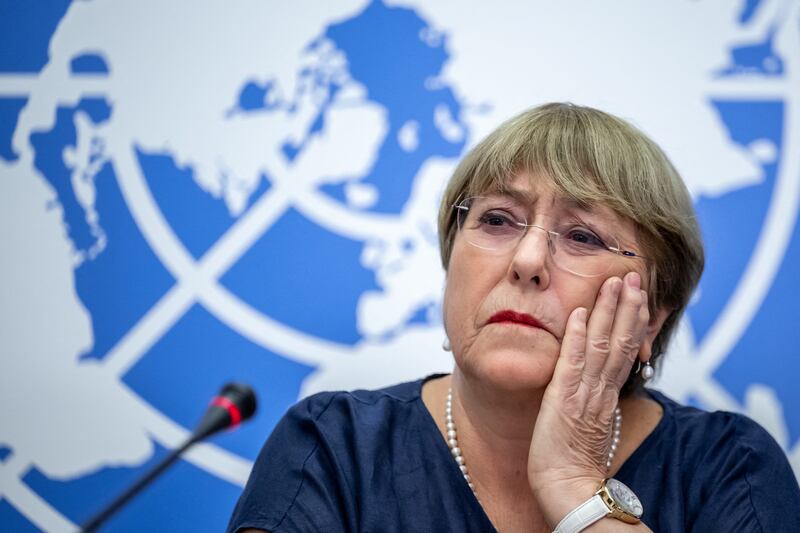 Outgoing UN human rights chief Michelle Bachelet gives a final press conference in Geneva on August 25th. Photograph:  by Fabrice Coffrini/AFP via Getty Images