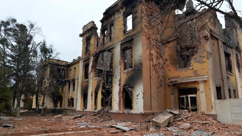 A school destroyed as a result of fighting not far from the centre of the Ukrainian city of Kharkiv. Photograph: Sergey Bobok/AFP via Getty Images