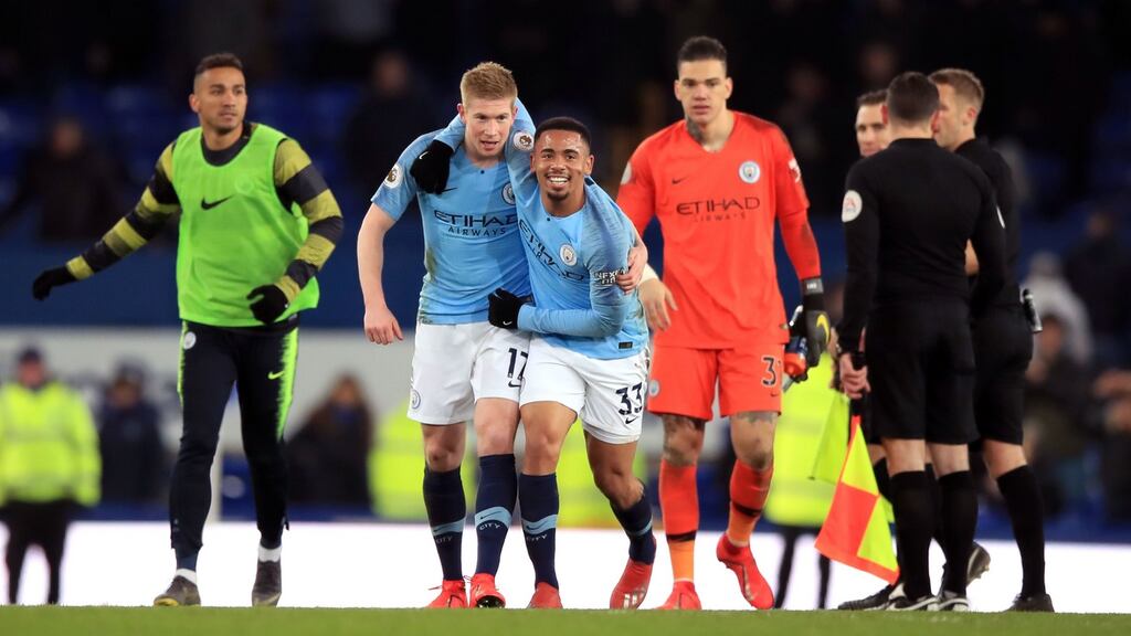 Manchester City’s Gabriel Jesus and Kevin De Bruyne embrace after the Premier League win over Everton at Goodison Park. Photo: Peter Byrne/PA Wire