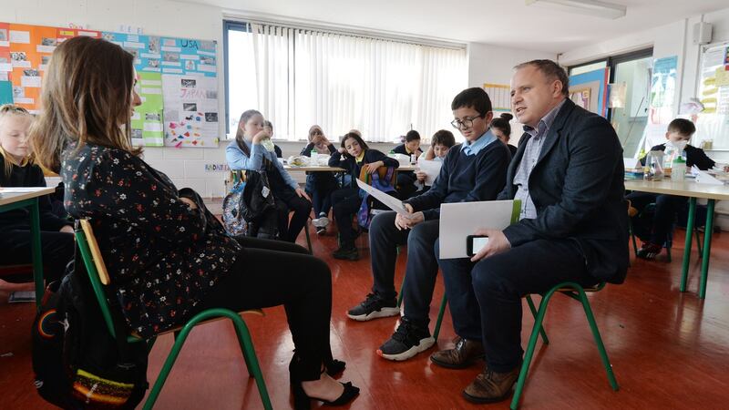 How not to conduct yourself in an interview: business volunteers Colin O’Brien and Ciara Egan conduct a mock interview.  Photograph: Alan Betson
