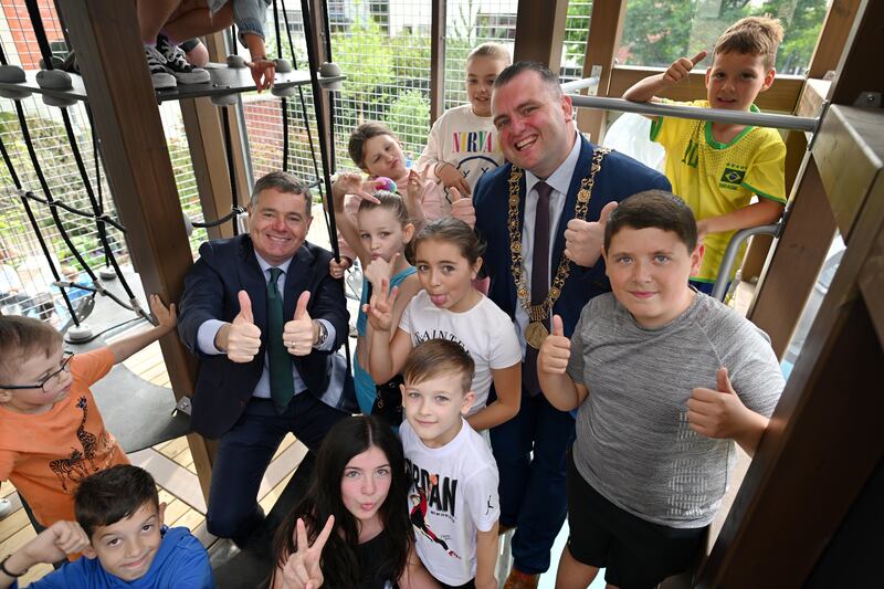 Paschal Donohoe and Dublin mayor Daithí de Róiste at the 2023 opening of Diamond Park. Photograph: Brian Meade
