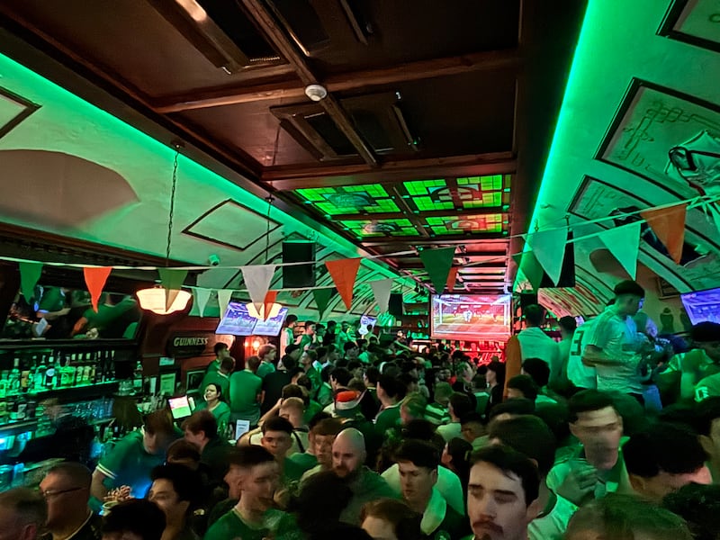 Irish fans watching the Ireland-Czech Republic match in The Dubliner pub in Prague. Photograph: Jack Power
