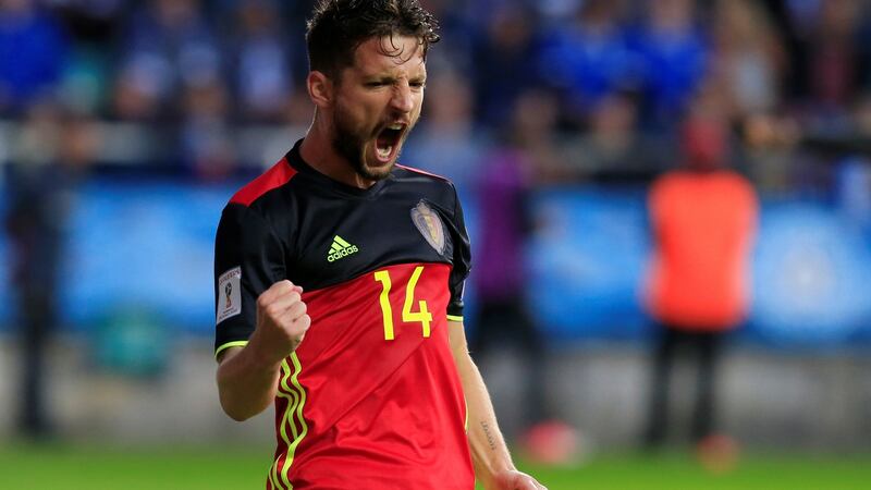 Belgium’s Dries Mertens celebrates scoring in the World Cup qualifier against Estonia at the A Le Coq Arena in Tallinn. Photograph: Ints Kalnins/Reuters