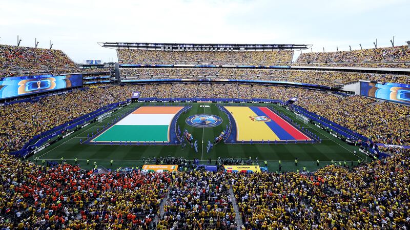 The flags of Ivory Coast and Ecuador on the field ahead of the Group E game at Philadelphia Stadium. Photograph: Kevin C Cox/Getty Images