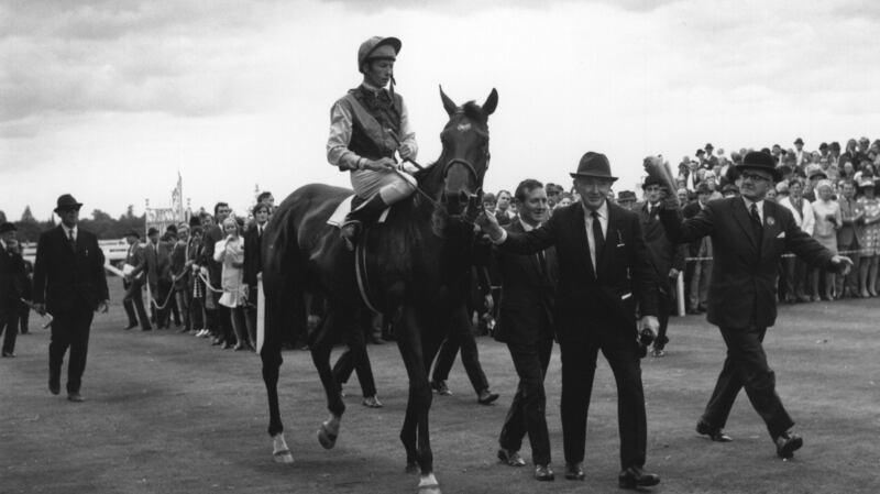 Vincent O’Brien leads in Nijinsky, ridden by Lester Piggot, at Ascot in 1970. Photogrpah: Inpho