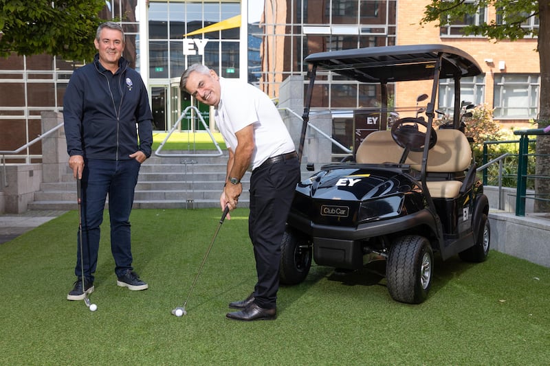 EY Ireland Managing Partner, Frank O’Keeffe announces EY’s commercial sponsorship of the Junior Ryder Cup. Paul McGinley is the EY brand ambassador. Photograph: Naoise Culhane