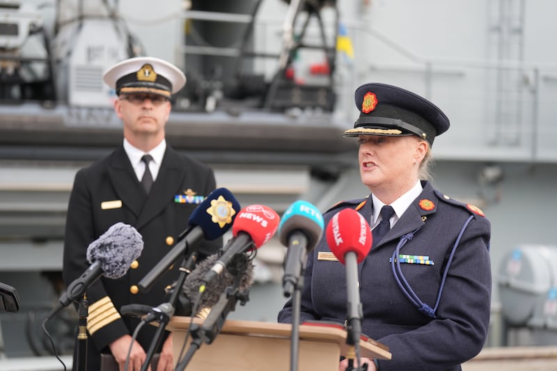 Captain Darragh Kirwan, head of Naval Service Operations (left), and Garda Assistant Comissioner Angela Willis during a briefing at Haulbowline Naval Base in Cork on Saturday. Photograph: PA