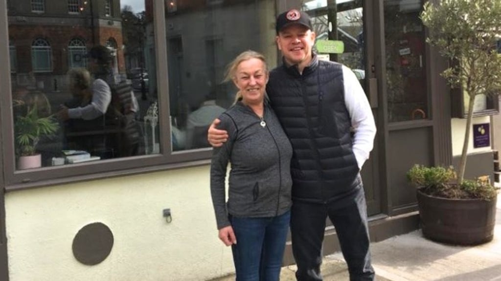 Actor Matt Damon with The Corner Note Cafe owner Mary Caviston in Dalkey, Co Dublin, last week. Photograph: Justin Farrelly.