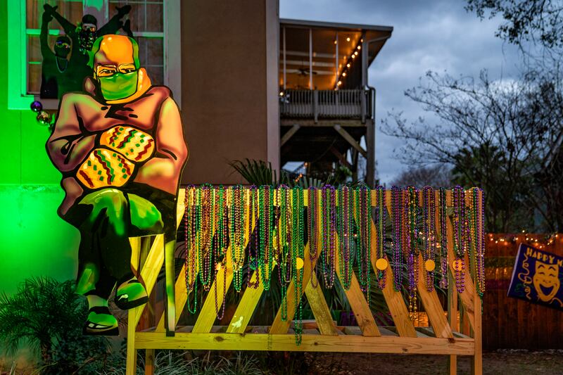 A house in New Orleans is decorated for Mardi Gras in 2021 with a figure of Bernie Sanders at that year's presidential inauguration. Photograph: Erika Goldring/Getty Images