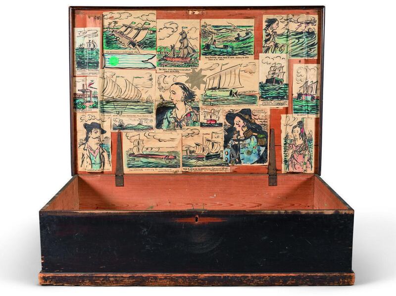 Jack B Yeats’s  wooden travelling case which is lined with original watercolour drawings by the artist