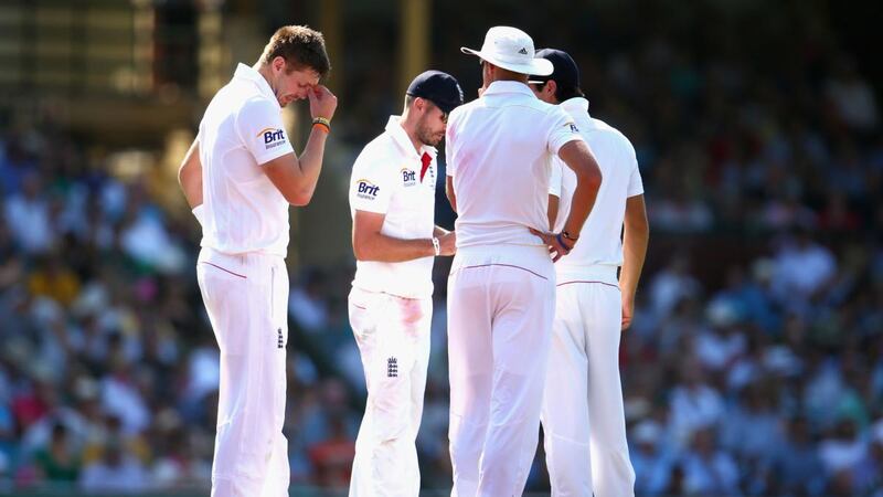 Boyd Rankin  speaks to England captain Alastair Cook  after he suffered a leg injury during day one of the fifth Ashes Test match against  Australia  at Sydney Cricket Ground on January 3rd, 2014. Photograph: Ryan Pierse/Getty Images