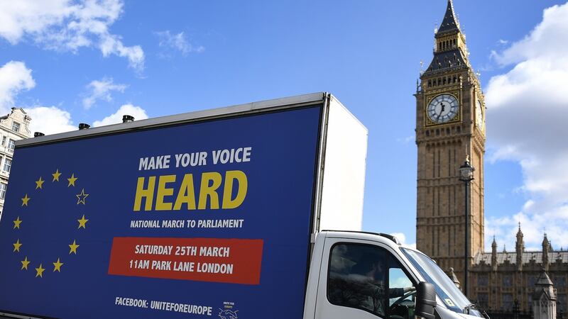 A van promoting an EU march passes parliament in London. The UK’s impending departure will require Dublin to make a fundamental shift in how it positions itself at European level. Photograph:  EPA/Andy Rain