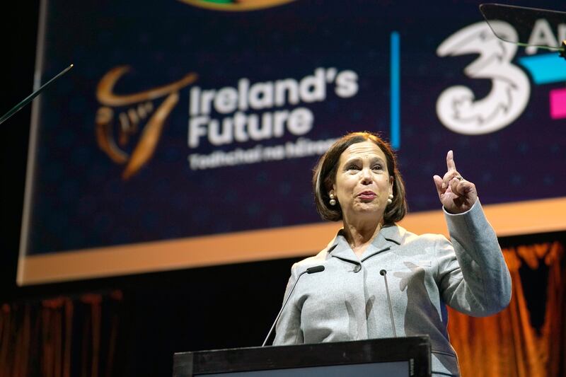 Sinn Féin leader Mary Lou McDonald speaks at an Ireland's Future event on unification at the 3Arena in Dublin. Photograph: Niall Carson/PA