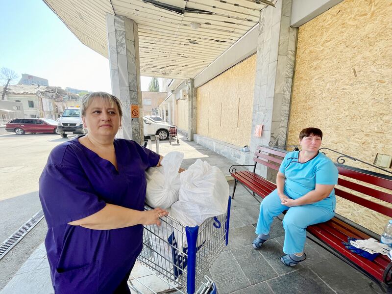 Junior nurse Natasha and orderly Lena clearing up around the ear, nose and throat department of Ohmatdyt children's hospital in Kyiv after a deadly Russian missile attack last week. Photograph: Daniel McLaughlin
