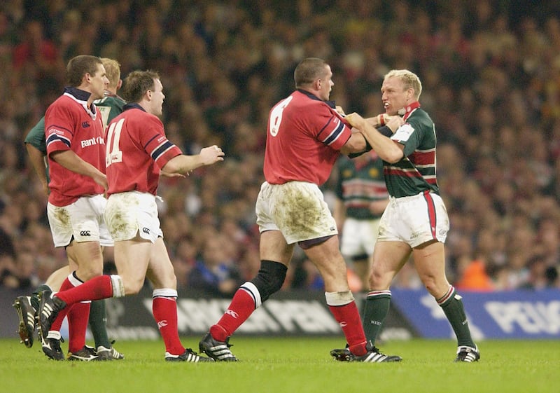 Neil Back (right) of Leicester tussles with Alan Quinlan of Munster during the Heineken Cup Final at the Millennium Stadium, Cardiff, Wales, May 25th, 2002. Photograph: David Rogers/Getty