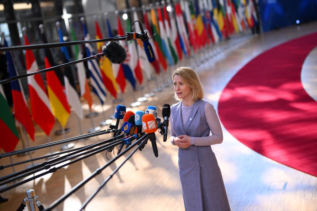 Kaja Kallas, the EU's foreign and security policy chief, speaks to the press at the EU summit in Brussels.(Photo by John Thys / AFP)