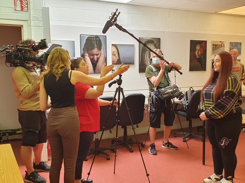 Pic: Harton calling the shots with the crew from Virgin Media’s Lucy Investigates cameraman Brian Moore and soundman Alan Poole with students from the social media influencer course