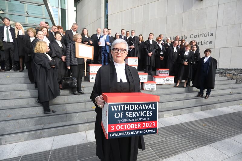 Sara Phelan, chair of the Bar Council, at a protest of criminal barristers outside the Central Criminal Court in Dublin. Photograph: Collins Courts

