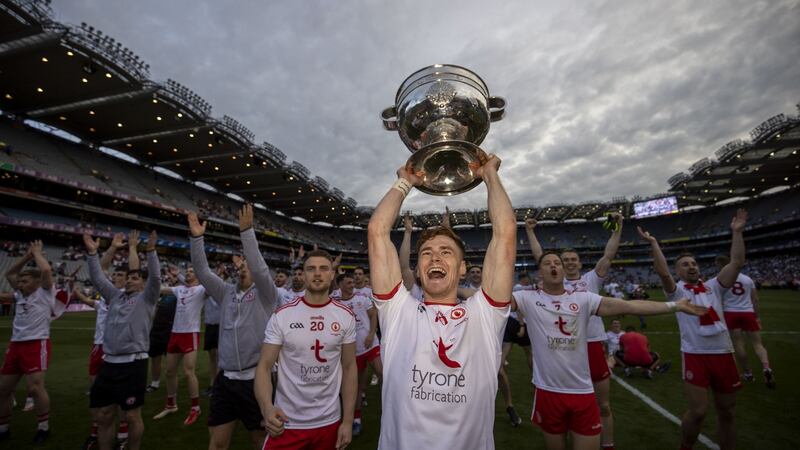 Tyrone’s Conor Meyler  with the Sam Maguire in Croke Park in September. Photo: Tom Honan