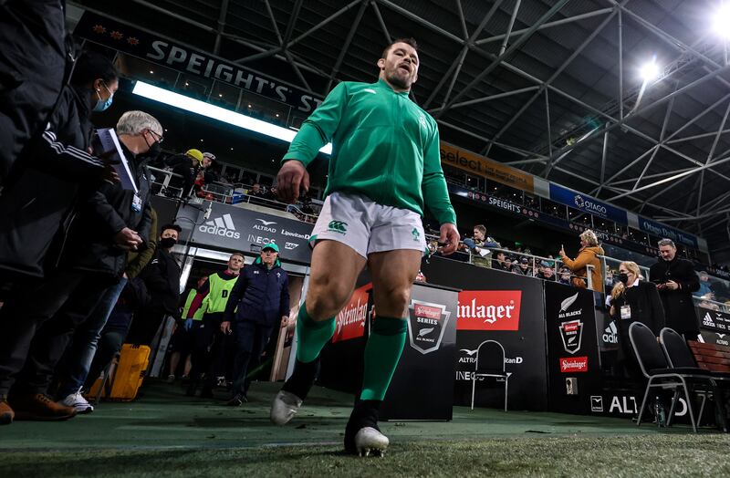 Ireland’s Cian Healy runs on to the pitch against New Zealand in Dunedin in 2022. Photograph: Billy Stickland/Inpho