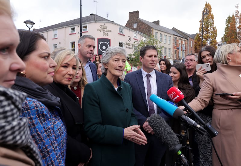 Independent presidential candidate Catherine Connolly speaking to media in Monaghan on Wednesday. She was joined by Sinn Féin vice-president and First Minister Michelle O’Neill and local TD Matt Carthy and Pearse Doherty for the launch. Photograph: Alan Betson / The Irish Times