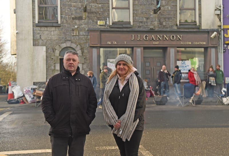 Cllr Damien Ryan and Michelle Smith outside JJ Gannon's Hotel on January 8th. Photograph: Conor McKeown