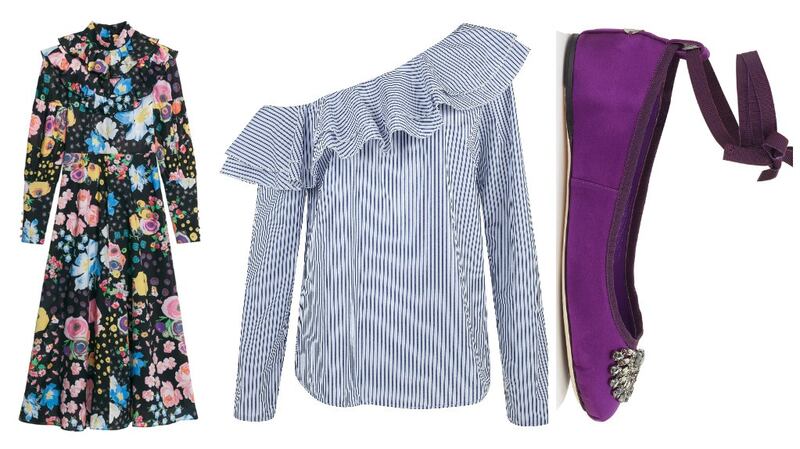From left, & Other Stories floral print dress, €125; River Island pinstripe shirt, €4; Jimmy Choo ballet flats, €525