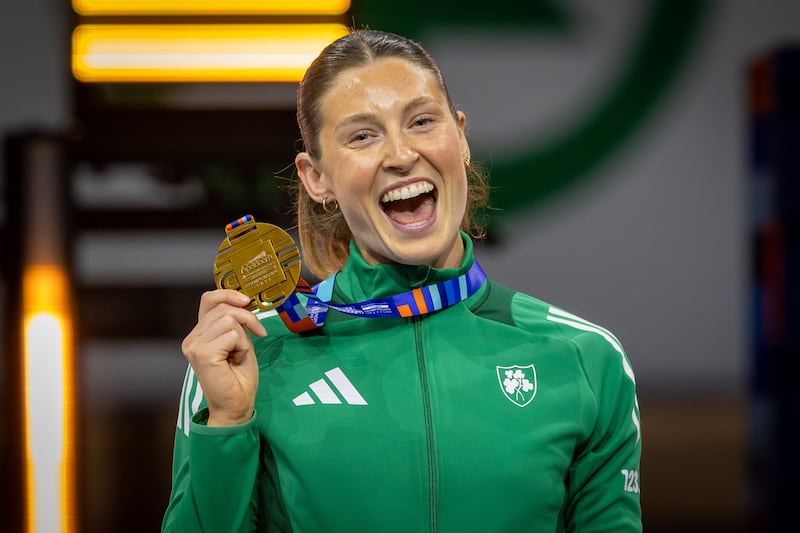Ireland’s Kate O’Connor celebrates winning bronze at the European Athletics Indoor Championships. Photograph: Morgan Treacy/Inpho