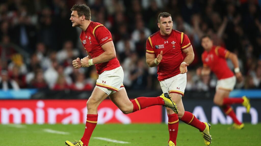 Dan Biggar celebrates kicking the winning penalty at Twickenham. Photograph: David Rogers/Getty Images