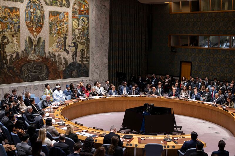 The United Nations Security Council meeting to vote on President Donald Trump’s peace plan for Gaza at the UN headquarters last November. Photograph: Dave Sanders/The New York Times
                      