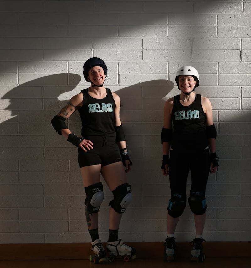 Ciara Powell (Powell) (left) and Lisa Diamond (Diamond Weapon)  of the Team Ireland Roller Derby squad in training at Inchicore Community Sports Centre in Dublin. Photo: Bryan O’Brien / The Irish Times 
