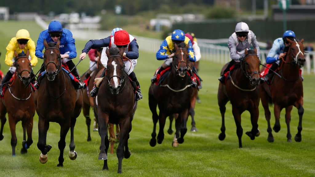 Pat Cosgrave riding Big Lachie (red cap) to win The British Stallion Studs EBF Maiden Stakes at Sandown Park in Esher, England. Photograph: Alan Crowhurst/Getty Images