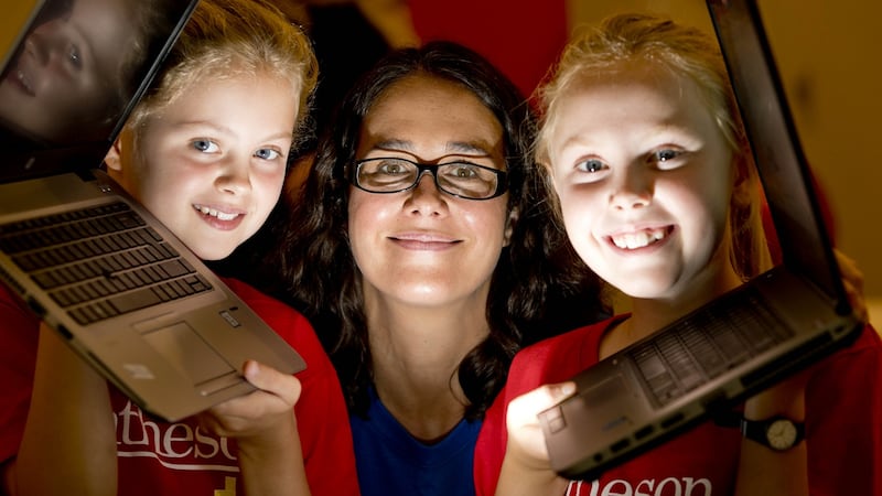 CoderDojo: Rebecca O’Callaghan and Sarah Appleby with Rebecca Ryan, from Matheson, at the Matheson CoderDojo summer camp. Photograph: Chris Bellew/Fennell Photography