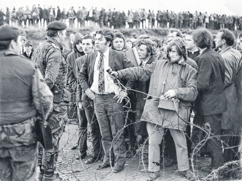 John Hume speaking to a British army soldier at the Magilligan Anti-Internment Rally, Derry, January 1972. Photograph: Jimmy McCormack/The Irish Times