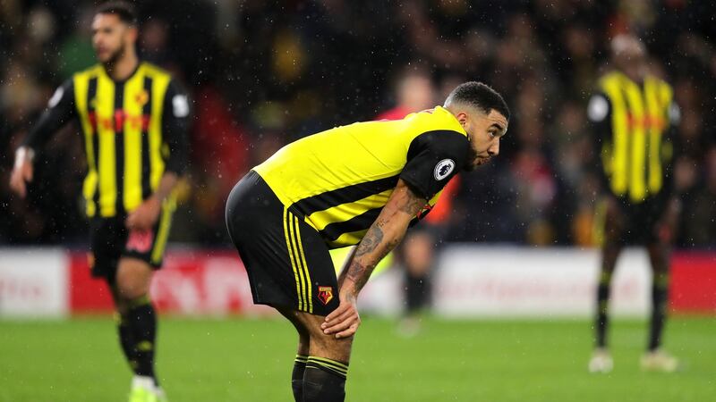 Troy Deeney after Watford’s defeat to Manchester City. Photograph: Rochard Heathcote/Getty