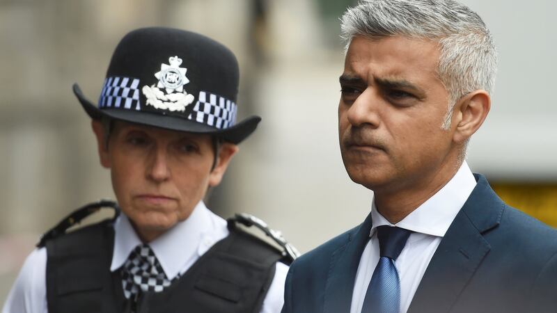 Mayor of London Sadiq Khan listens with Metropolitan Police Commissioner Cressida Dick at the scene of the attack on London Bridge and Borough Market. Photograph: Reuters/Clodagh Kilcoyne