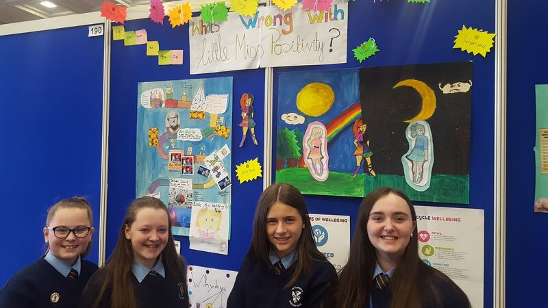Leona Egan, Ellen Purcell, Tori Kinsella and Sophie Burke from St Dominic’s College, Ballyfermot  with their project ‘What’s wrong with Little Miss Positivity?’