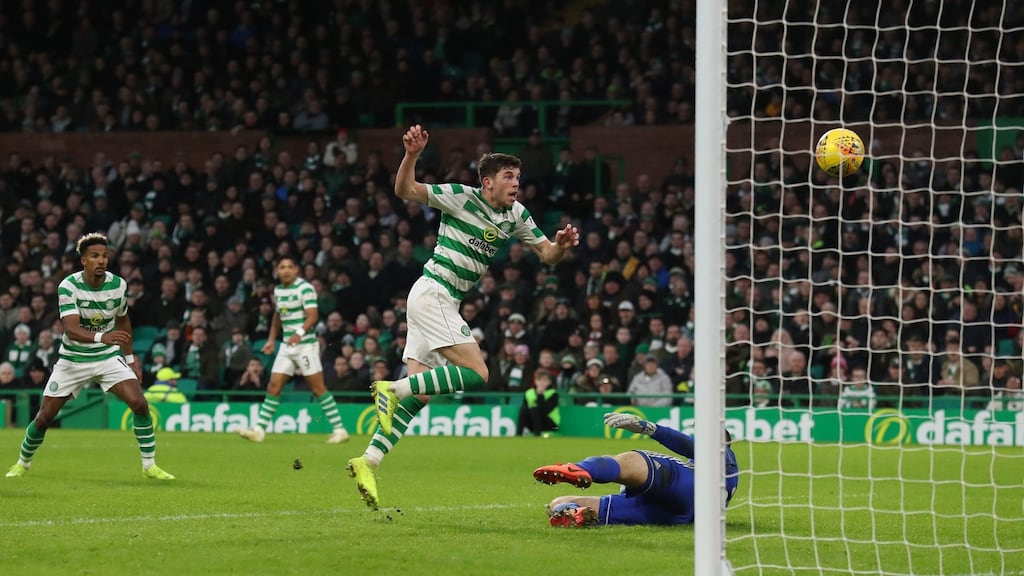 Celtic’s Ryan Christie scores his side’s second goal during the Scottish Premiership match against Hamilton at Celtic Park. Photograph: Andrew Milligan/PA Wire