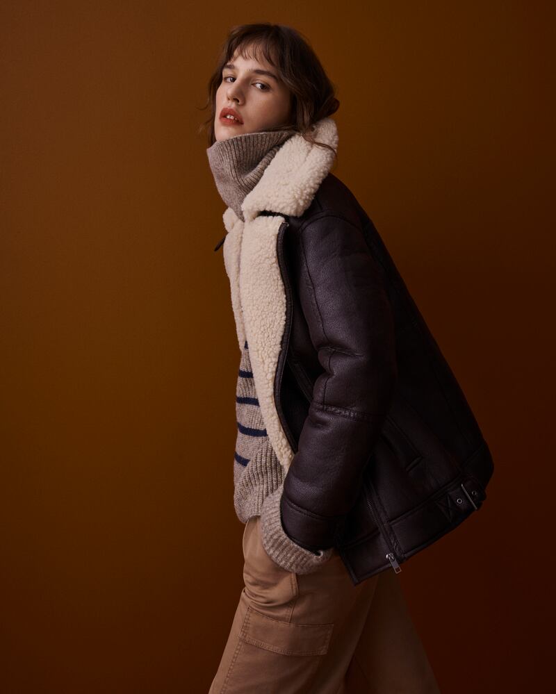 Fleece coat, €99, cable knit jumper, €50, cargo trousers, €57, all Marks & Spencer