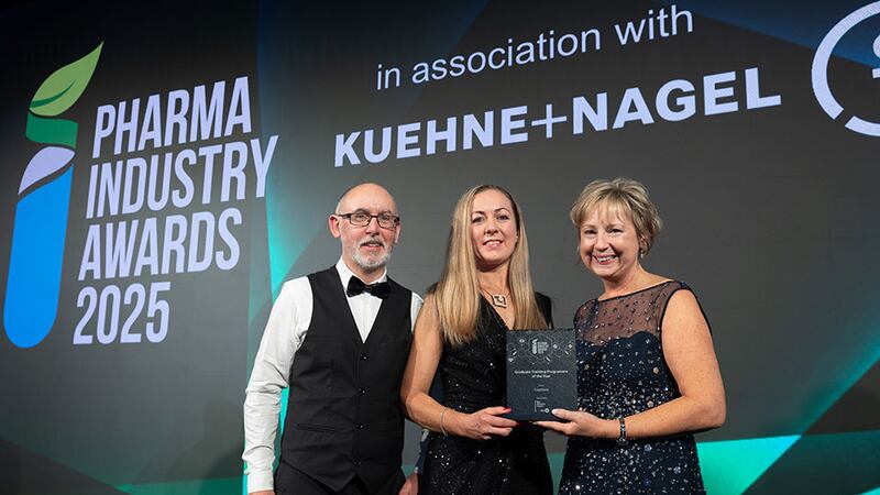 Susan Costello, network director at BioPharmaChem Skillnet, presents the graduate training programme of the year to Eileen Martin and Mark Venables, Cognizant