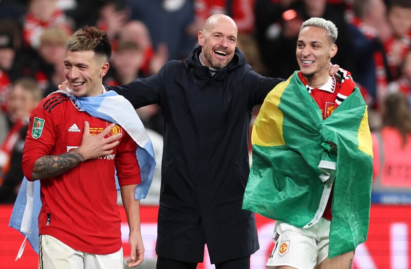 Erik ten Hag celebrates with Lisandro Martinez and Antony after Manchester United's win over Newcastle United in the Carabao Cup final at Wembley. Photograph: Julian Finney/Getty Images