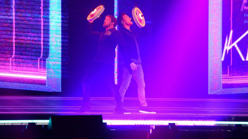 Kian Egan and Shane Filan rehearse. Photograph: Arthur Allison/Pacemaker