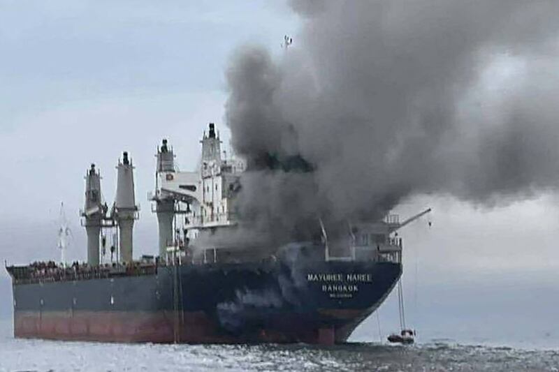 Smoke rising from the Thai bulk carrier Mayuree Naree near the Strait of Hormuz after an attack earlier this month. Photograph: Royal Thai Navy/AFP/Getty Images