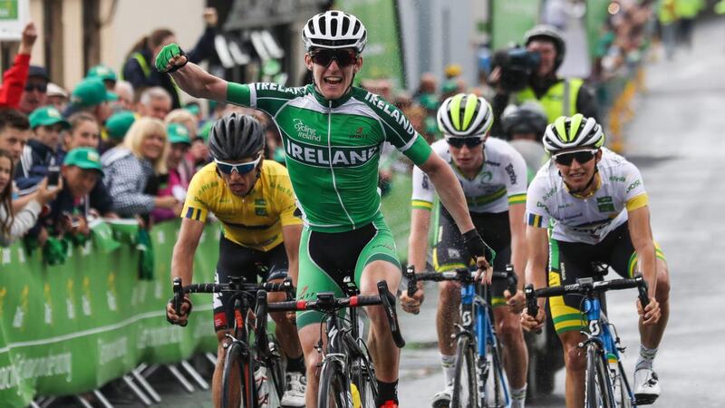 Eddie Dunbar of Team Ireland celebrates winning Stage 7 of the An Post Rás back in 2016. Photograph:  Ryan Byrne/Inpho